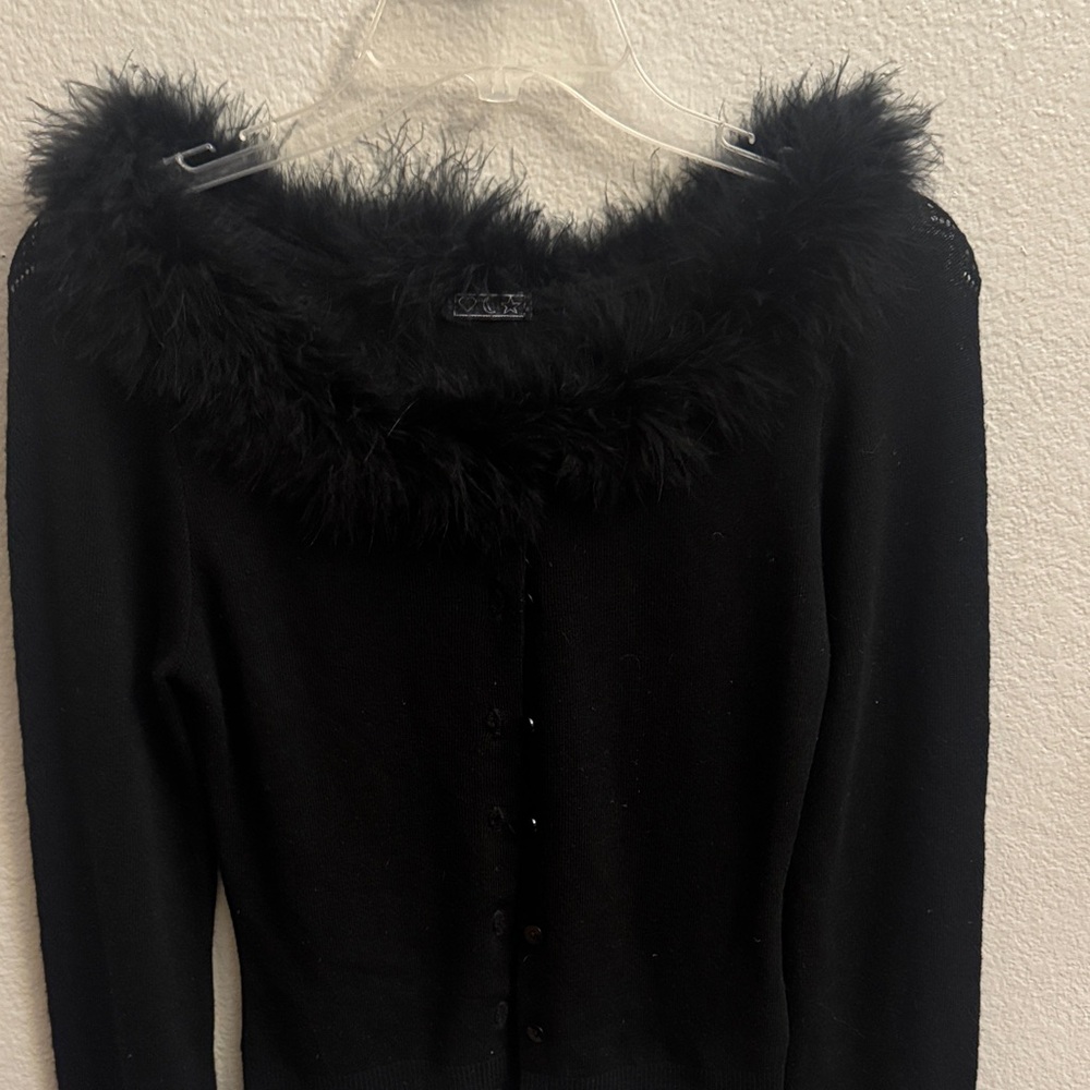 Elegant Black Sweater with Faux Fur Trim